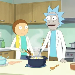 rick and morty go cooking in a kitchen