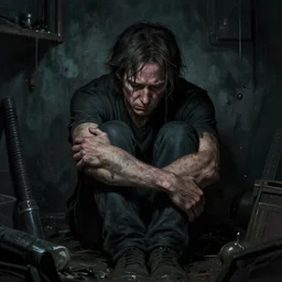 sad alex jones surrounded in a dark murky room, highdetailed illustration