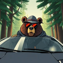 a cartoon gangster smokey the bear, super fashionable driving a lamborghini, in pine forest, style by moebius and kim jung gi and barlowe wayne, cartoony glitch art