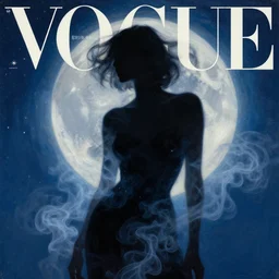fashion model silhouette smoke, soft blue moon light, white stars, vogue cover style, poster art, high detail, intricate oil painting, multiple exposure, hyperrealism, by stanley kubrick