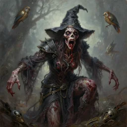 portrait action painting, perfect expression, a rotting witch zombie spewing blood, fantasy character portrait, ultra realistic, wide angle, intricate details, mass effect, artifacts, highly detailed, michael cheval, peter mohrbacher, boris vallejo, jessica rossier, oil painting, highly detailed, cinematic lighting, unreal, natural tpose