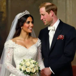 detailed painting of prince william marrying attractive kim kardashian, highly detailed painting by gaston bussiere, craig mullins, j. c. leyendecker 8 k, smiling couple, royal painting