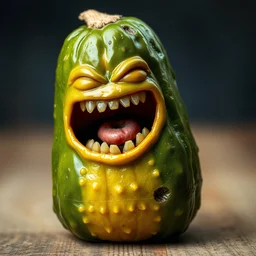 portrait photograph of a pickle with a screaming face