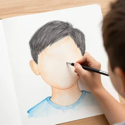 a photograph of a person whose half head is drawn by a kid
