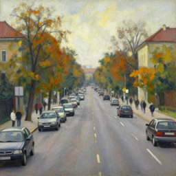 an edward hopper style painting of a busy road of ( ( ( ( ( ( ( ( gyor ) ) ) ) ) ) ) ) in hungary, early - autumn, september of 1 9 4 8