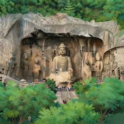 mogao grottoes, forest, in the style of studio ghibli, j. c. leyendecker, greg rutkowski, artem
