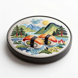 embroidered sushi platter, stylized 3d render, isolated on a pure white background, centered, entire object in frame, sharp focus, soft studio lighting