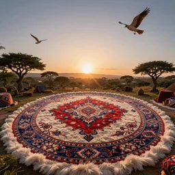 photo of a sunrise in the magic Fluffy 3d Persian Carpet dimension, everything is carpet and 3d, birds and trees, surreal, Sigma art 12mm fisheye, immense detail, epic, striking