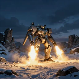 armored core v by liam wong, booster flares, snow field, karst landscape, ; wide shot, outdoor, dark blue sky, cloud, wilderness ground, golden time, twilight ; digital painting, high contrast, dynamic backlighting, bokeh, motion blur, photoreal, cinematic,