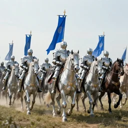 army of fantasy knights wearing shiny silver armor some  caring blue banners  mounted on armored warhorses  . Scenic view daylight, underexposed, clean horizon, matte painting by craig mullins and dan mumford, cinematic, high fantasy, style of Excalibur , concept art trending on artstation, 4k, insane details
