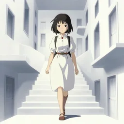 a creepy porcelain doll - like woman walking through a bright white staircase with many doors and hallways, mc escher architecture, very detailed background, epic composition, anime key visual, anime style, by makoto shinkai