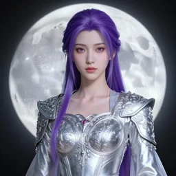 portrait of junoesque of the moon, silver filigree armor, purple hair, translucent skin, beautiful! coherent! by brom, by junji ito, strong line, high contrast, muted color