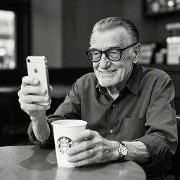 stan lee sitting inside starbucks taking a picture of his drink cup with his iphone 1 2, black and white photo, real, photorealistic