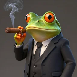 a high quality photo of an antropomorphic frog wearing a suit smoking a cigar, 3d scene, render, ultra realistic, artstation, cgsociety
