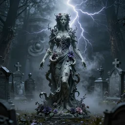 portrait of a gothic cemetery statue made of mist and flowers, cosmic horror, mutating into mist, cinematic lightning, Andrew Ferez, Charlie Bowater, Marco Mazzoni, Seb McKinnon, Ryohei Hase, Alberto Seveso, Kim Keever, trending on cgsociety, featured on zbrush central, new sculpture, mystical