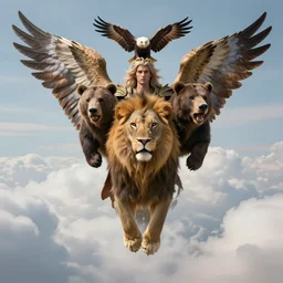full body portrait angelic warrior hovering above the clouds with the head of a lion, head of a bear, head of an eagle, head of a human male and 6 wings