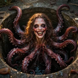 a sewer pit woman transformed into an indescribable horror monster with tentacles, seducing eyes, big smile, fangs and slime, volumetric lighting, beautiful, golden hour, sharp focus, ultra detailed, cgsociety by leesha hannigan, ross tran, thierry doizon, kai carpenter, ignacio fernandez rios, noir photorealism, film