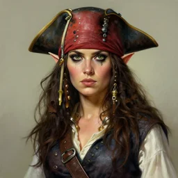elf woman pirate, realistic portrait, highly detailed, digital painting, artstation, concept art, smooth, sharp focus, illustration, cinematic lighting, art by artgerm and greg rutkowski and alphonse mucha and boris vallejo and frank frazetta
