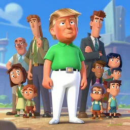 little donald trump in white pants and green shirt, fantasy, concept art, artstation, disney, pixar, dreamworks, anime, tyler edlin, feng zhu, jparked, thomas karpi