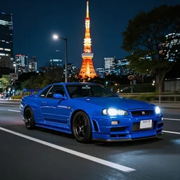 wideshot of a Bayside Blue R34 Skyline GT-R driving in tokyo at night, highly detailed, 4k photo, shot with sony alpha