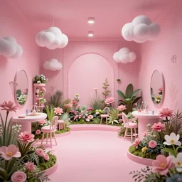 a pink garden universe captured in a room with lights and clouds and mirrors photorealistic ultra detailed 8 k, digital painting, unreal engine, 3 d render