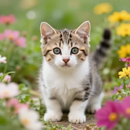 a photograph of a kitten in a flower garden