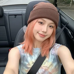 girl with peach-colored hair lounging in a convertible car seats wearing a brown beanie and a faded tie-dye sleeveless shirt, selfie, faint smile
