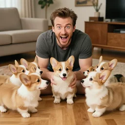 chris evans surrounded by corgi puppies, excited, living room floor, cozy, 3 5 mm, f / 8, flash photography, snapshot