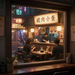 through a window, a small cozy ramen restaurant in a busy thriving cyberpunk street at night, trending on cgsociety, unreal engine, 4 k wallpaper