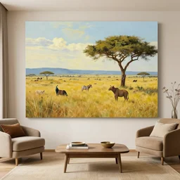 a maximalist landscape painting of an african savannah, maximalist interior design