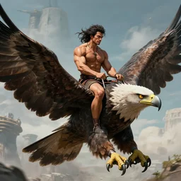 a muscular heroic man riding a giant eagle