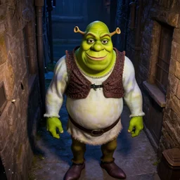 Shrek as a Joker wielding on the alley at night, photo from the surveillance camera