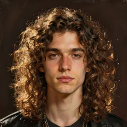 in the style of Joshua Middleton art, beautiful young punk rock man, long curly brown hair, symmetrical face, concept art, warm lighting, painting