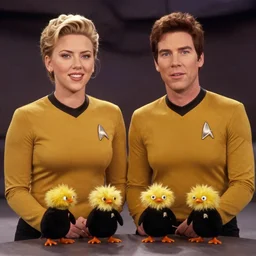 Scarlett Johansson and Tribbles in a scene from Star Trek the original series