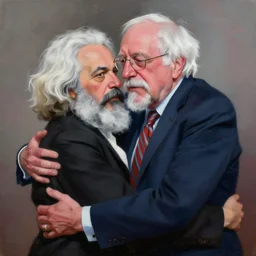 painting of bernie sanders hugging karl marx by lilia alvarado