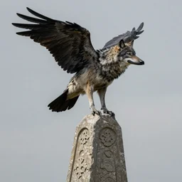 a wolf with the wings and beak of a crow, perched on top of a stone obelisk, medium shot, photorealistic, Dungeons and Dragons art, art by Ralph Horsley and James Gurney