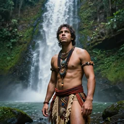 a photo of a lex fridman wearing tribal clothes, standing in front of a waterfall, deep in the rainforest, professional light, photo by jimmy nelson, 8 k, photorealistic imagery, trending on artstation, artstationhq, artstationhd