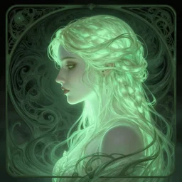 side portrait, imogen poots, deathknight, gloomhaven, soft, smooth, luminescent, intricate, hyper detailed, art nouveau, haunting, pale green backlit glow, evil inky swirly ripples, sickly colors, by artgerm and greg rutkowski and alphonse mucha