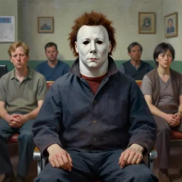 dynamic portrait painting of Michael Myers sitting in the waiting room of an optometrist amongst other normal patients, sharp focus, face focused, trending on ArtStation, masterpiece, by Greg Rutkowski, by Ross Tran, by Fenghua Zhong, octane, soft render, oil on canvas, decorated walls moody lighting, high contrast, cinematic