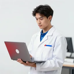young researcher holding laptop with red blue and white accent. collaborative artwork by yoji shinkawa, yoshikata amano, greg ruthowski, alphonse murac, beautiful and ultrafine detailed, artstation
