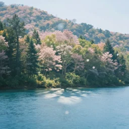 “ ethereal, dreamland, a forest growing on the ocean surface, background of flowery hill, bokeh, beautiful shadows, soft, dreamy. ”