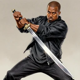 detailed anime artwork of Kanye West holding a sword, dynamic pose