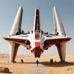 professional photograph of a beautiful neo - futuristic simplified symmetrical mecha spacecraft docked in desert by ilm, denis villeneuve, emmanuel shiu, zaha hadid, vapor, cinematic architectural scale, red paint detail, manga, dramatic, volumetric, concept art, hard surface, hyperrealism, high detail, trending on artstation, sharp focus, rendered in octane