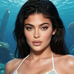 Kylie Jenner as the queen of atlantis wearing a shell bikini, atlantis in the background, highly detailed face, realistic face, beautiful detailed eyes, fantasy art, in the style of greg rutkowski, illustration, epic, fantasy, intricate, hyper detailed, artstation, concept art, smooth, sharp focus, ray tracing, vibrant, photorealistic