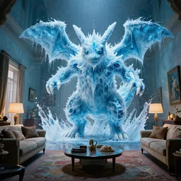 a giant pokemon made of water and ice moves through the living room, film still from the movie directed by Denis Villeneuve with art direction by Salvador Dalí, wide lens