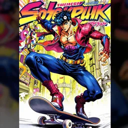 Anime key visual of Cyberpunk ninja Spider-Man in a colorful blue and scarlet suit, wearing a scarlet hoodie, riding a skateboard in Berlin, official media drawn by Hirohiko Araki, anime magazine cover, manga cover, shonen jump cover, in the style of JOJO’s bizarre adventure, Hirohiko Araki artwork, takashi murakami artwork