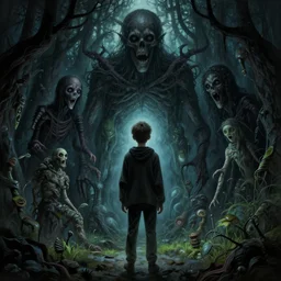 a boy surrounded by lovecraftian horrors, highly detailed, gloomy, digital painting, trending on artstation, concept art, sharp focus, illustration, art by alphonse mucha and kaethe butcher and krenz cushart, black and blue and green color scheme