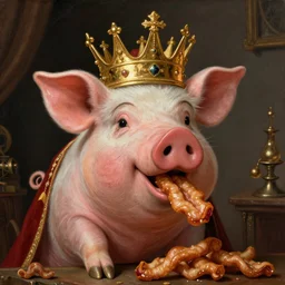 pig wearing gold crown eating pork rind snacks, Realistic, Regal, Refined, Detailed Digital Art, Michael Cheval, Walt Disney (1937), François Boucher, Oil Painting, Steampunk, Highly Detailed, Cinematic Lighting, Unreal Engine, 8k