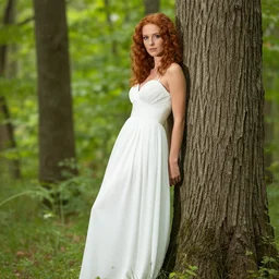 a beautiful red-haired woman wearing a white gown, stands in a bright forest leaning against a tree, professional photographic lighting