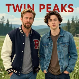 Twin Peaks romance movie poster artwork by Michael Whelan and Tomer Hanuka, Rendering of Ryan Gosling wearing letterman jacket and Timothée Chalamet wearing denim jean jacket from scene from Twin Peaks, clean, full of details, by Makoto Shinkai and thomas kinkade, Matte painting, trending on artstation and unreal engine